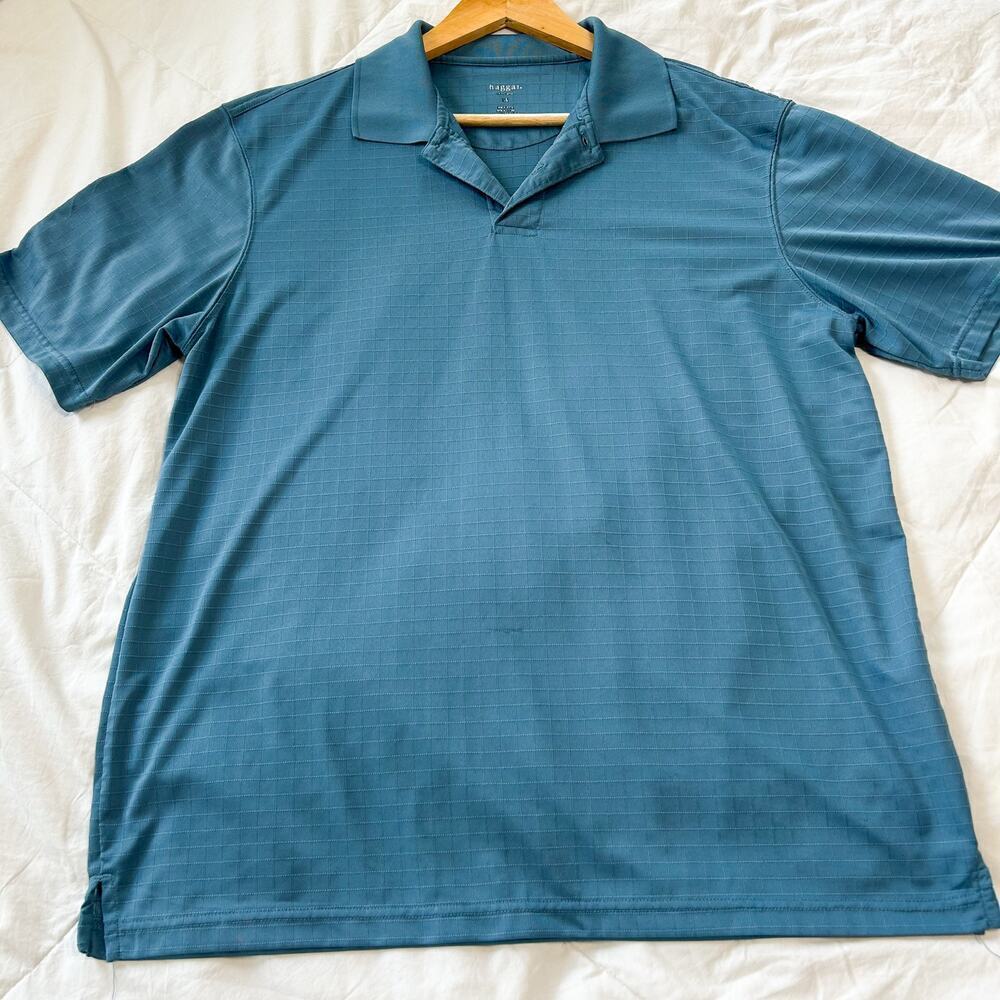 Haggar Blue Grid Pattern Polo Shirt Short Sleeve Men’s Size Large